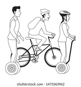 Young people riding with bicycles and electric scooter wearing accesories ,vector illustration graphic design.