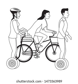 Young people riding with bicycles and electric scooter wearing accesories ,vector illustration graphic design.