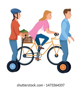 Young people riding with bicycles and electric scooter wearing accesories ,vector illustration graphic design.