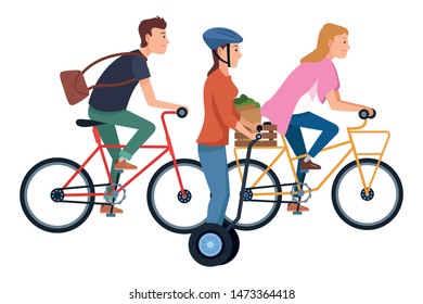 Young people riding with bicycles and electric scooter wearing accesories ,vector illustration graphic design.