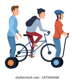 Young people riding with bicycles and electric scooter wearing accesories ,vector illustration graphic design.