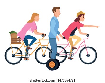 Young people riding with bicycles and electric scooter wearing accesories ,vector illustration graphic design.