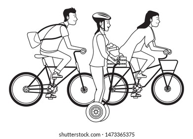 Young people riding with bicycles and electric scooter wearing accesories ,vector illustration graphic design.