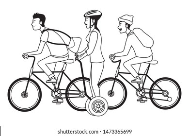 Young people riding with bicycles and electric scooter wearing accesories ,vector illustration graphic design.