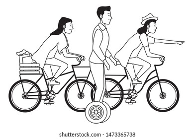 Young people riding with bicycles and electric scooter wearing accesories ,vector illustration graphic design.