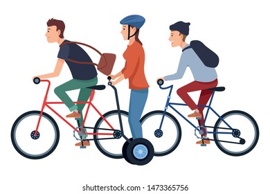 Young people riding with bicycles and electric scooter wearing accesories ,vector illustration graphic design.