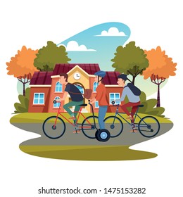 Young people riding with bicycles and electric scooter wearing accesories outside high school building outside from school building ,vector illustration graphic design.