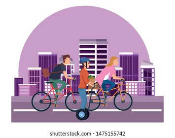 Young people riding with bicycles and electric scooter wearing accesories in the city urban buildings scenery in the city urban scenery background ,vector illustration graphic design.