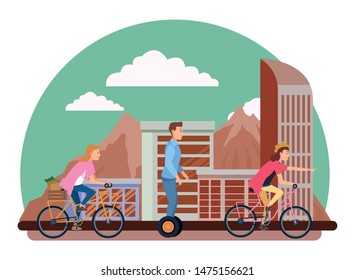 Young people riding with bicycles and electric scooter wearing accesories in the city urban buildings scenery in the city urban scenery background ,vector illustration graphic design.