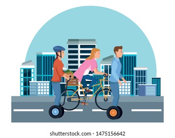 Young people riding with bicycles and electric scooter wearing accesories in the city urban buildings scenery in the city urban scenery background ,vector illustration graphic design.