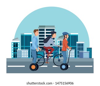 Young people riding with bicycles and electric scooter wearing accesories in the city urban buildings scenery in the city urban scenery background ,vector illustration graphic design.