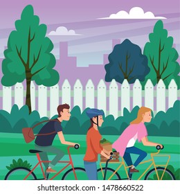 Young people riding with bicycles and electric scooter wearing accesories in the city ,vector illustration graphic design.