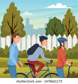 Young people riding with bicycles and electric scooter wearing accesories in the city ,vector illustration graphic design.