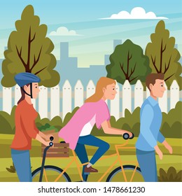 Young people riding with bicycles and electric scooter wearing accesories in the city ,vector illustration graphic design.