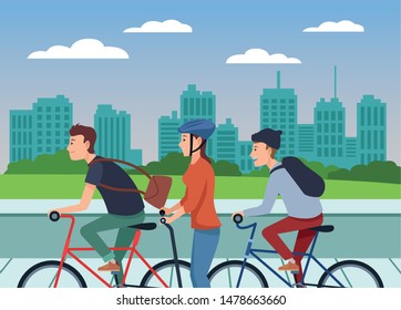 Young people riding with bicycles and electric scooter wearing accesories in the city ,vector illustration graphic design.