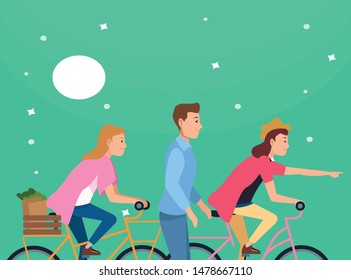 Young people riding with bicycles and electric scooter wearing accesories at night with moon and stars ,vector illustration graphic design.