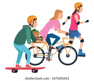 Young people riding with bicycles skateboard and rolling skates weating accesories ,vector illustration graphic design.