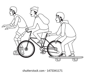 Young people riding with bicycles skateboard and rolling skates weating accesories ,vector illustration graphic design.