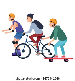 Young people riding with bicycles skateboard and rolling skates weating accesories ,vector illustration graphic design.