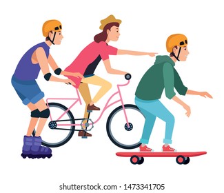 Young people riding with bicycles skateboard and rolling skates weating accesories ,vector illustration graphic design.