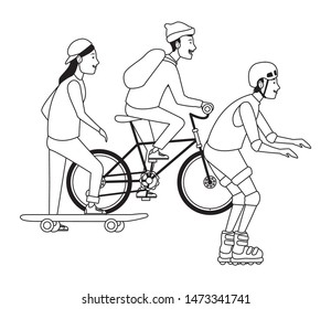 Young people riding with bicycles skateboard and rolling skates weating accesories ,vector illustration graphic design.