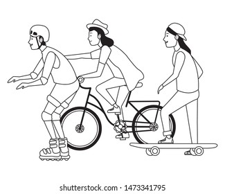Young people riding with bicycles skateboard and rolling skates weating accesories ,vector illustration graphic design.