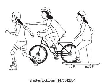 Young people riding with bicycles skateboard and rolling skates weating accesories ,vector illustration graphic design.