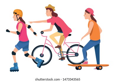 Young people riding with bicycles skateboard and rolling skates weating accesories ,vector illustration graphic design.