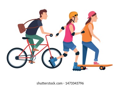 Young people riding with bicycles skateboard and rolling skates weating accesories ,vector illustration graphic design.