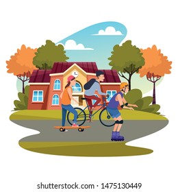 Young people riding with bicycles skateboard and rolling skates weating accesories outside high school building outside from school building ,vector illustration graphic design.