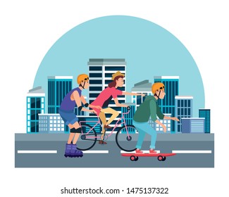 Young people riding with bicycles skateboard and rolling skates weating accesories in the city urban buildings scenery in the city urban scenery background ,vector illustration graphic design.