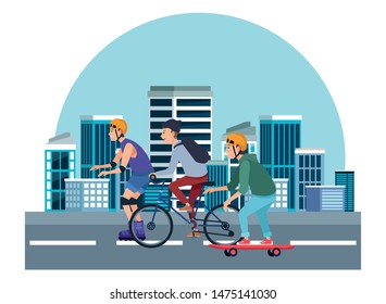 Young people riding with bicycles skateboard and rolling skates weating accesories in the city. urban buildings scenery in the city urban scenery background ,vector illustration graphic design.