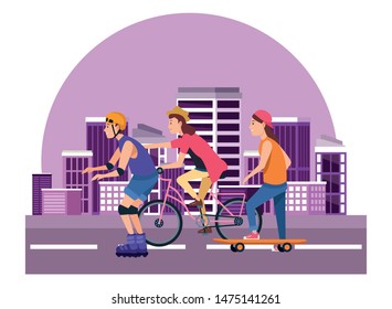 Young people riding with bicycles skateboard and rolling skates weating accesories in the city. urban buildings scenery in the city urban scenery background ,vector illustration graphic design.