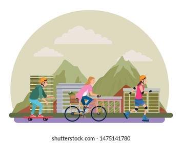 Young people riding with bicycles skateboard and rolling skates weating accesories in the city urban buildings scenery in the city urban scenery background ,vector illustration graphic design.