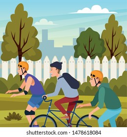 Young people riding with bicycles skateboard and rolling skates weating accesories in the city ,vector illustration graphic design.