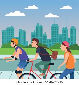 Young people riding with bicycles skateboard and rolling skates weating accesories in the city ,vector illustration graphic design.