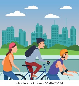 Young people riding with bicycles skateboard and rolling skates weating accesories in the city ,vector illustration graphic design.