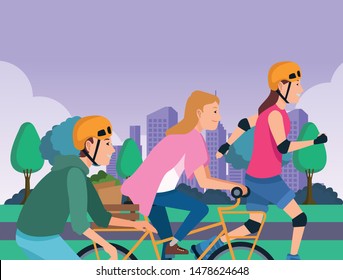 Young people riding with bicycles skateboard and rolling skates weating accesories in the city ,vector illustration graphic design.