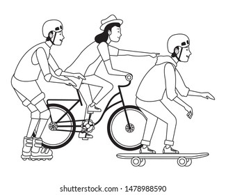 Young people riding with bicycles skateboard and rolling skates weating accesories ,vector illustration graphic design.