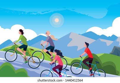 young people riding bike in landscape mountainous for road