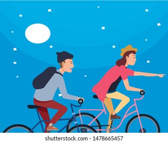 Young people riding bikes with hats and backpack at night with moon and stars ,vector illustration graphic design.