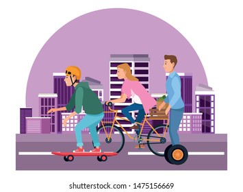 Young people riding with bikes skateboard and electric scooter in the city urban buildings scenery in the city urban scenery background ,vector illustration graphic design.