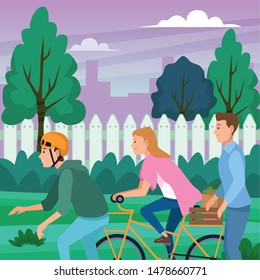 Young people riding with bikes skateboard and electric scooter in the city ,vector illustration graphic design.