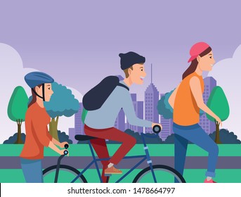 Young people riding with bikes skateboard and electric scooter in the city ,vector illustration graphic design.