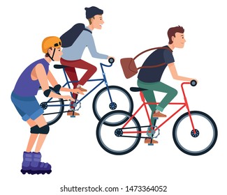 Young people riding with bikes and skates wearing accesories ,vector illustration graphic design.