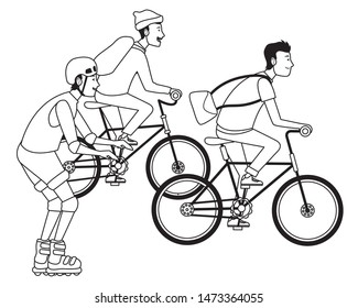 Young people riding with bikes and skates wearing accesories ,vector illustration graphic design.