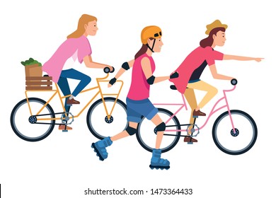 Young people riding with bikes and skates wearing accesories ,vector illustration graphic design.