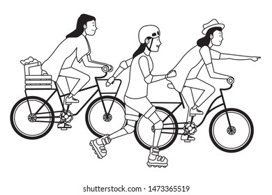 Young people riding with bikes and skates wearing accesories ,vector illustration graphic design.