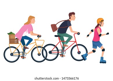 Young people riding with bikes and skates wearing accesories ,vector illustration graphic design. - Shutterstock ID 1473366176