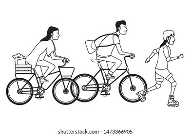 Young people riding with bikes and skates wearing accesories ,vector illustration graphic design.